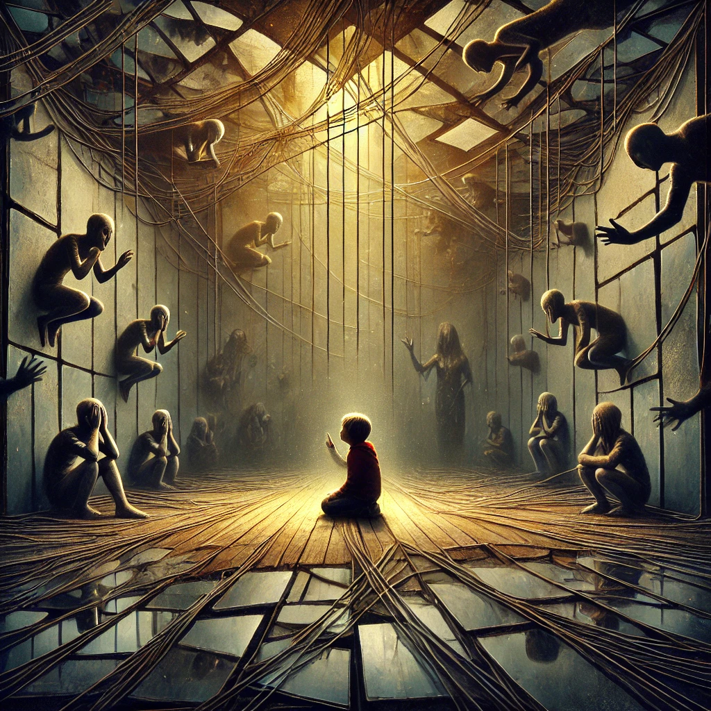 A tangled web illustration symbolizing how constant family lies trap children in confusion and mistrust