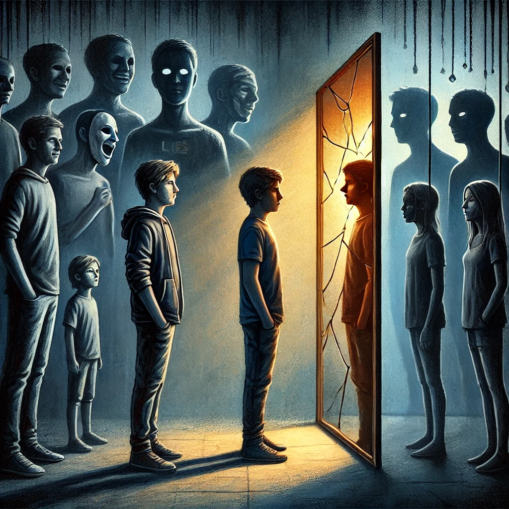 Abstract depiction of deception layered with subtle cues of hidden motives and manipulation