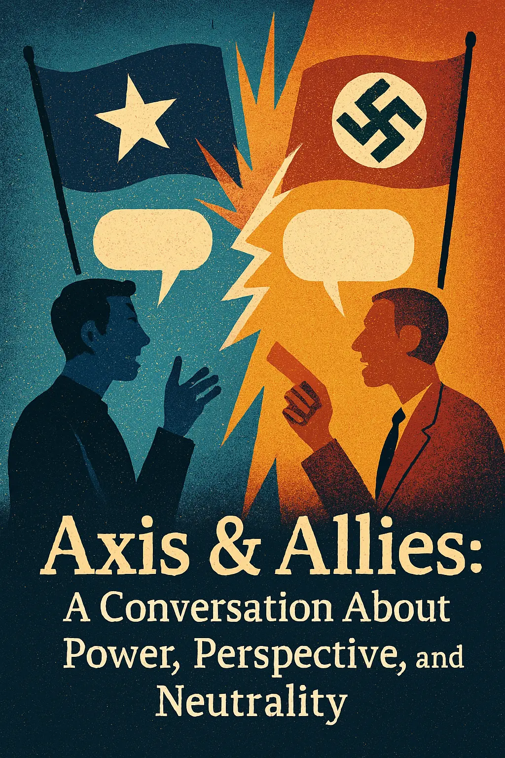 Two opposing figures engage in heated discussion beneath contrasting flags, symbolizing ideological conflict between Allied and Axis powers.