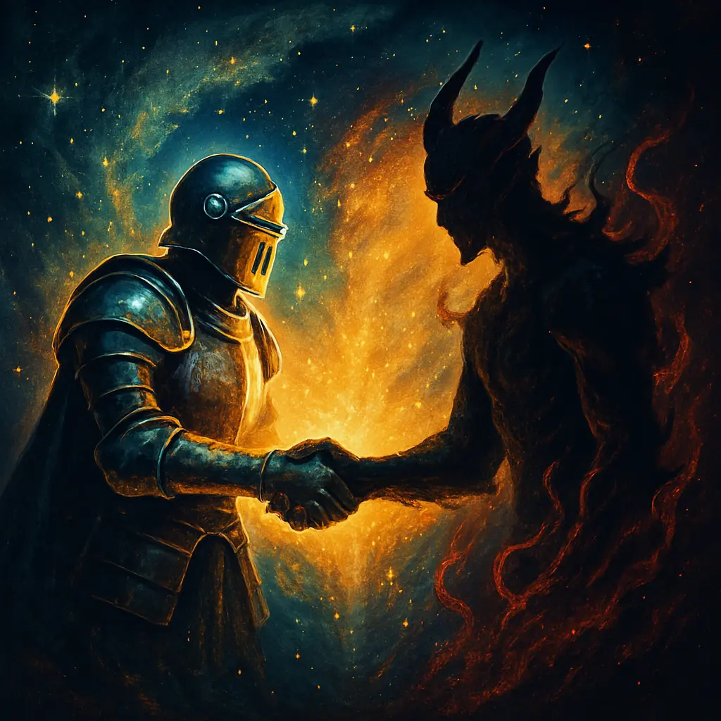 A knight and a demonic figure shaking hands in a cosmic void, symbolizing uneasy alliances