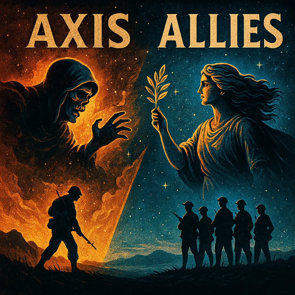 Two opposing figures and a group of soldiers symbolizing the divide between domination and peace