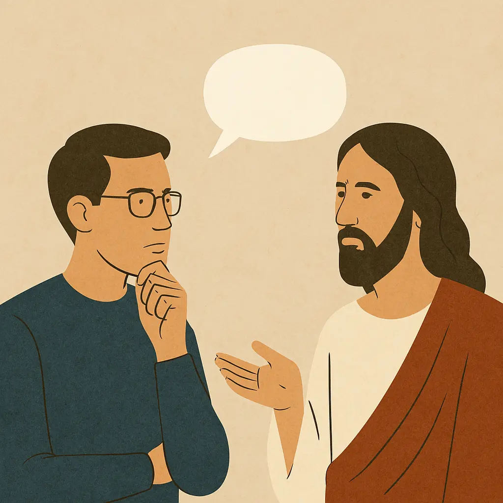 A modern man and a Christ-like figure engage in a thoughtful exchange, representing spiritual dialogue across time