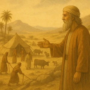 An elderly Abraham gestures toward a desert encampment where early Hebrews tend livestock and pitch tents under a warm, mountainous sky.