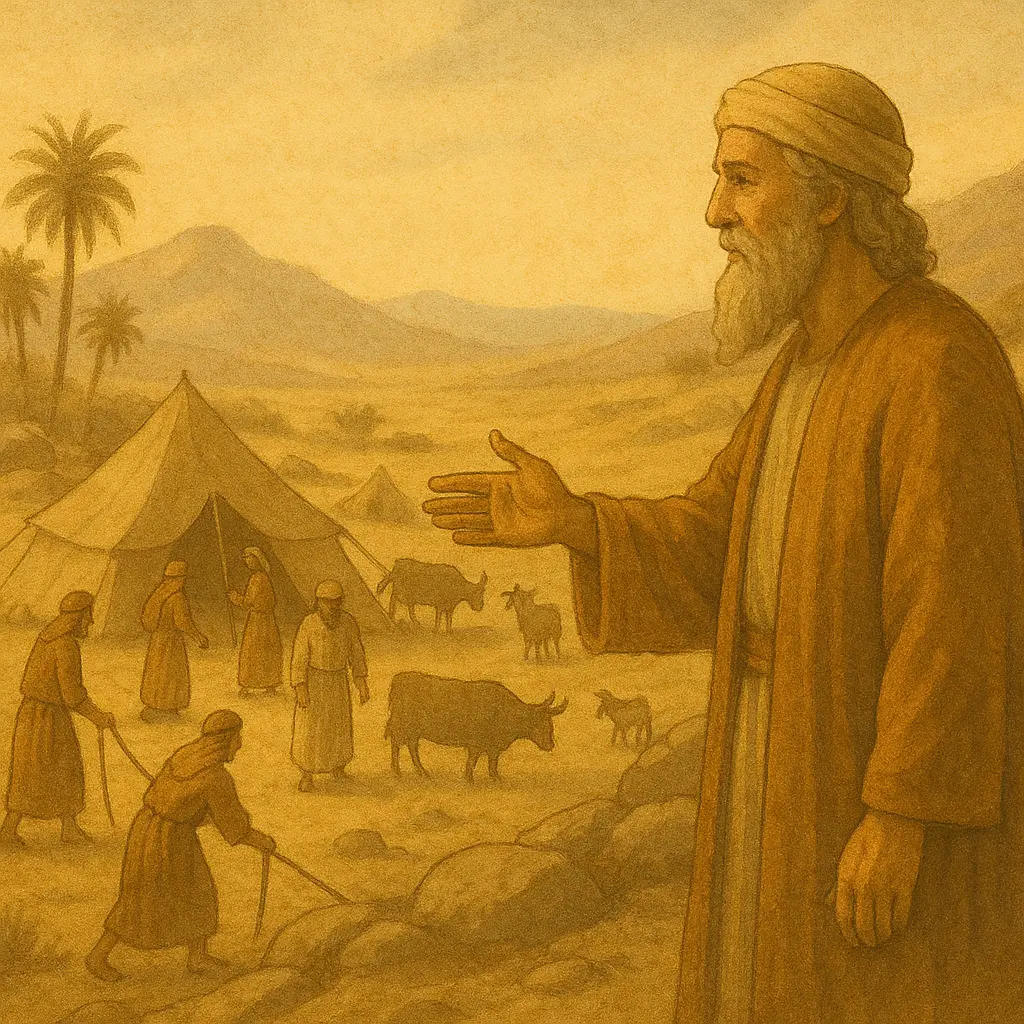 An elderly Abraham gestures toward a desert encampment where early Hebrews tend livestock and pitch tents under a warm, mountainous sky.