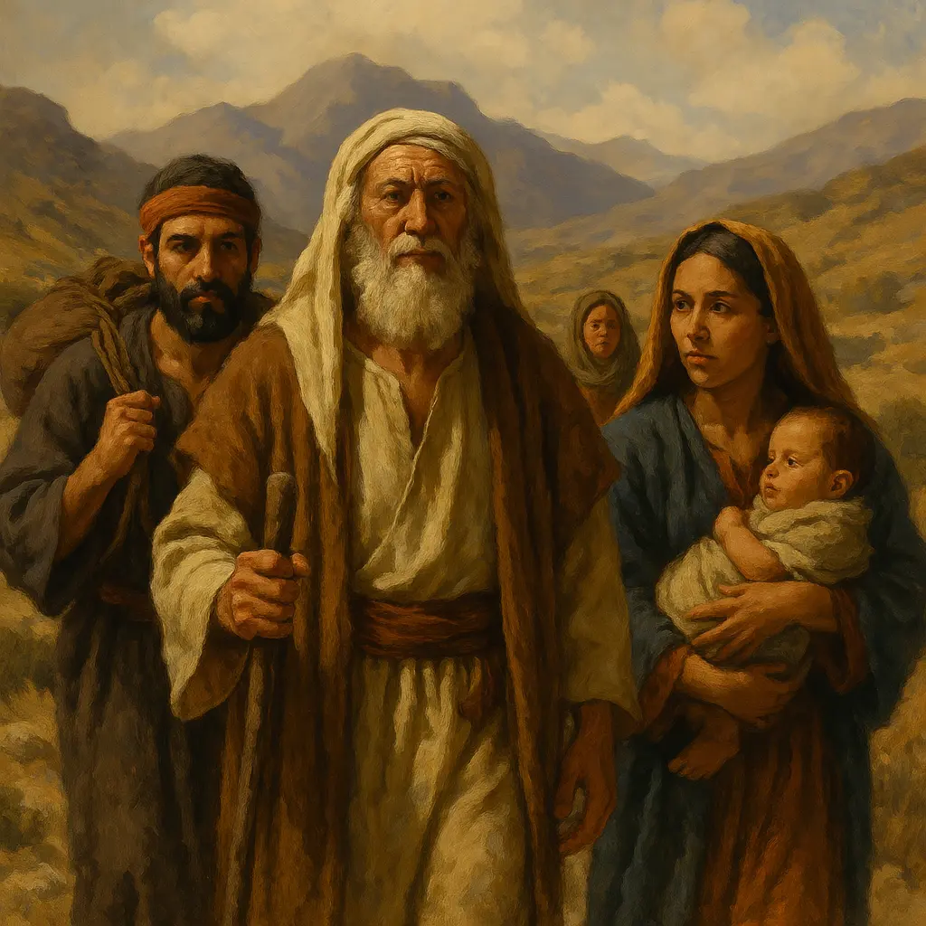 Abraham leads his family through a desert landscape, portraying the ancestral journey of the Hebrews