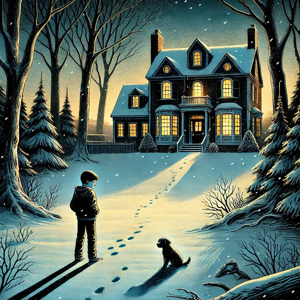 A boy stands in the snow outside a glowing home, symbolizing nostalgia, isolation, and longing for warmth or connection.
